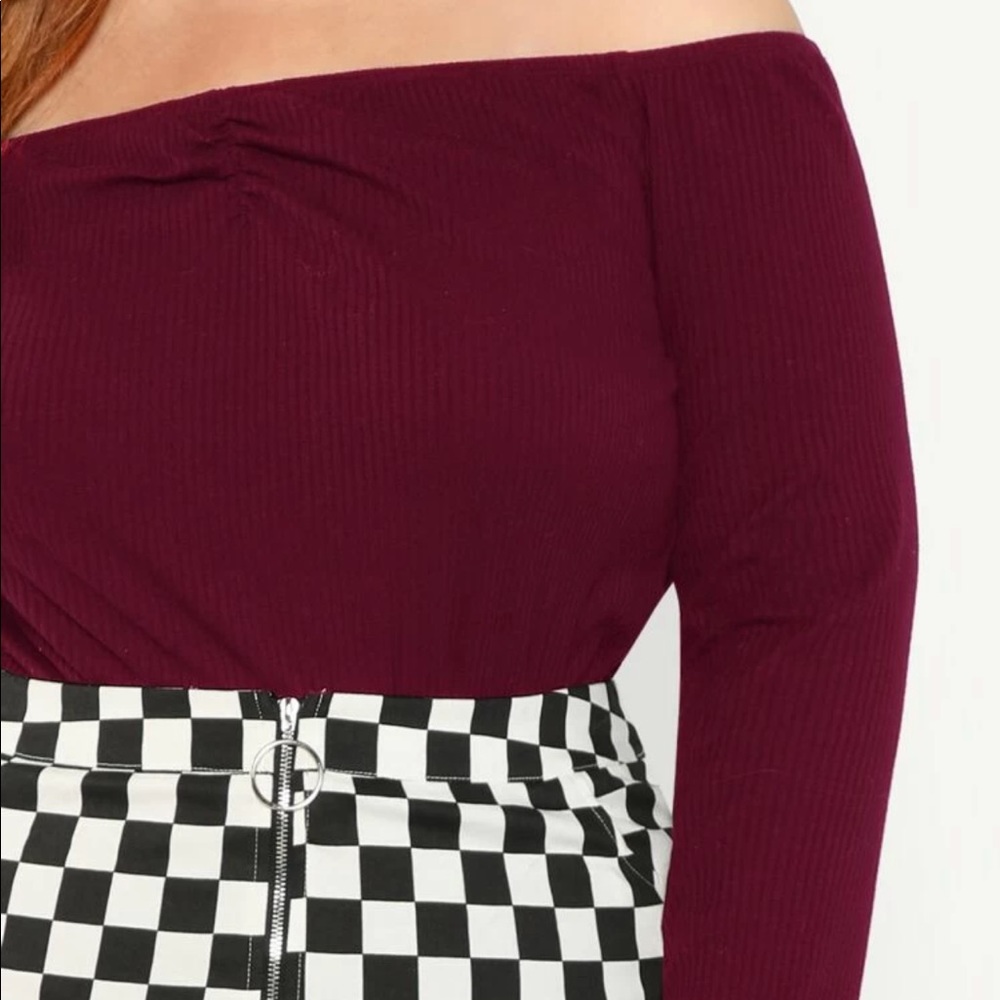 Plus Size Off the Shoulder Ribbed Top-Burgundy - Picture 3 of 6